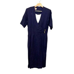 Katie MFG Vintage Y2K Navy Blue Short Sleeves Button Wrap-Style Midi Dress  Wome
